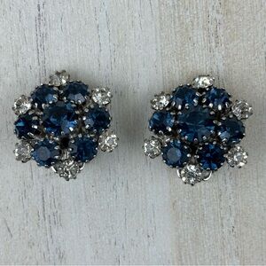 Elegant Blue and Silver Cluster rhinestone earrings clip on silver tone metal